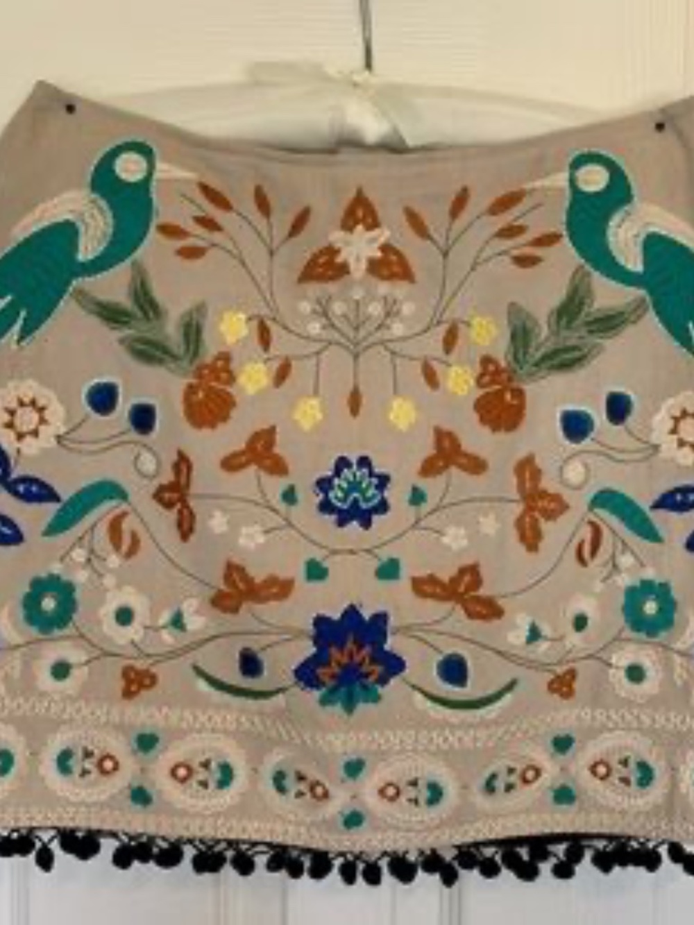 Embroidered Cream Skirt Green Birds Floral Topical Pom Pom Detail Umgee Small - Picture 4 of 7